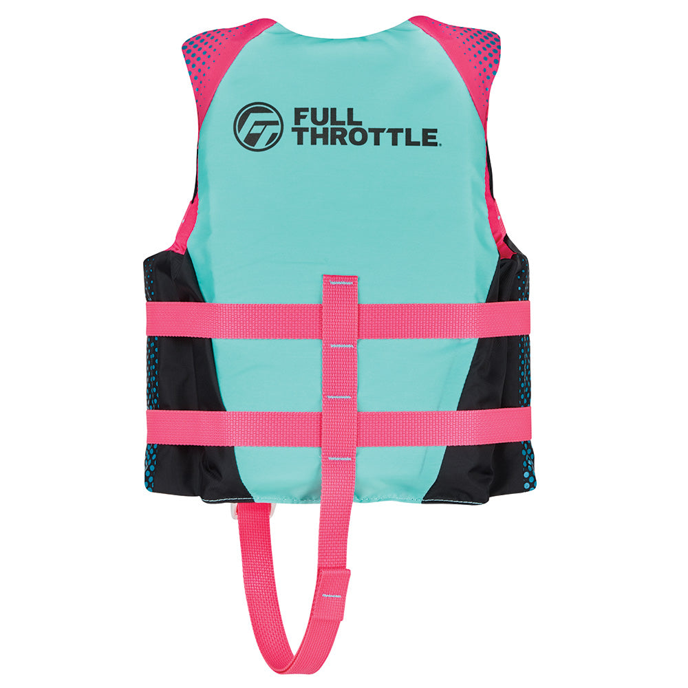Pink Full Throttle nylon life jacket for children, featuring adjustable straps and safety buckles, designed for buoyancy and comfort.