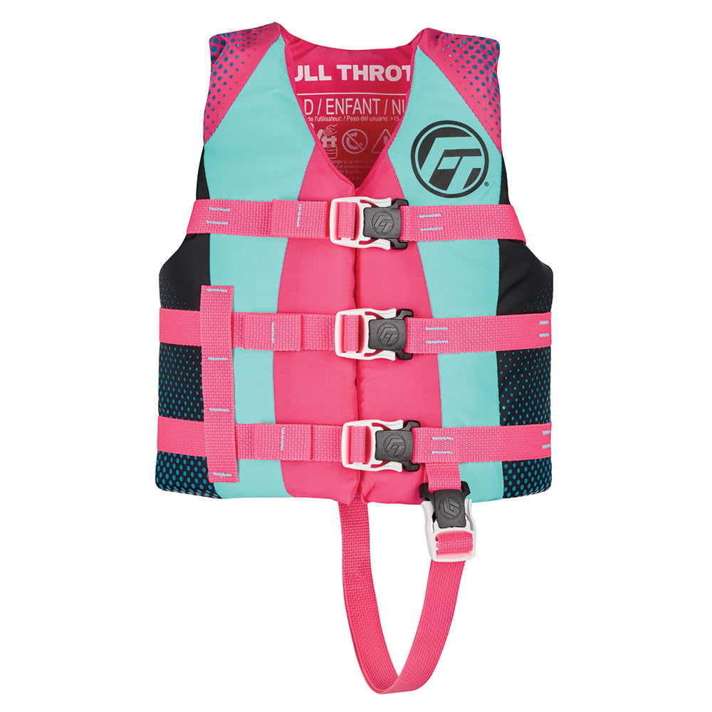 Pink Full Throttle nylon child life jacket with adjustable straps and safety buckles, designed for boating and water safety.