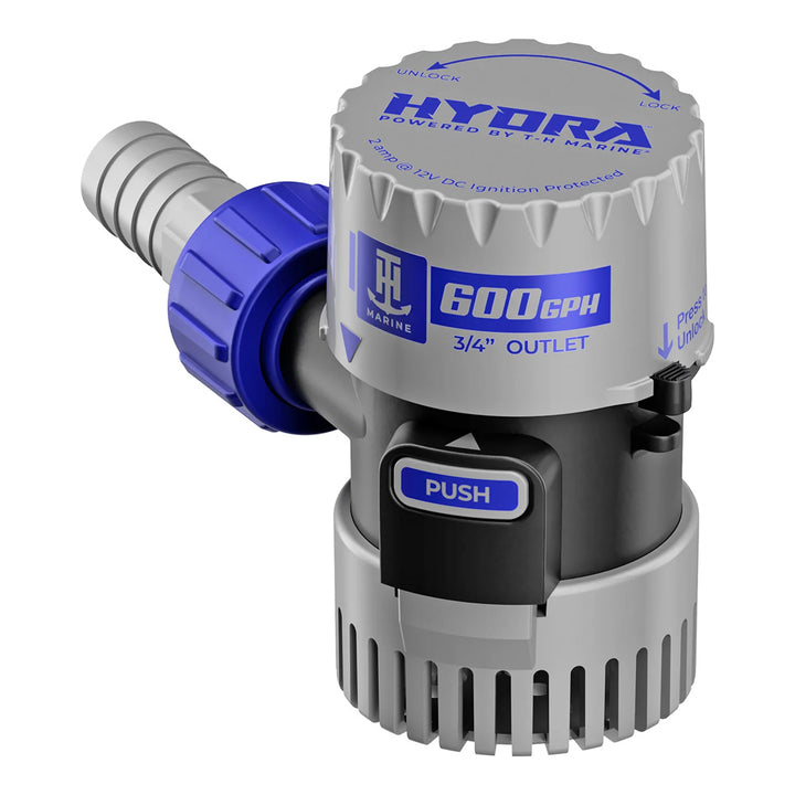 T-H Marine HYDRA Cartridge Bilge Pump showing compact 12V bilge pump with 600 GPH capacity, designed for marine bilge areas.