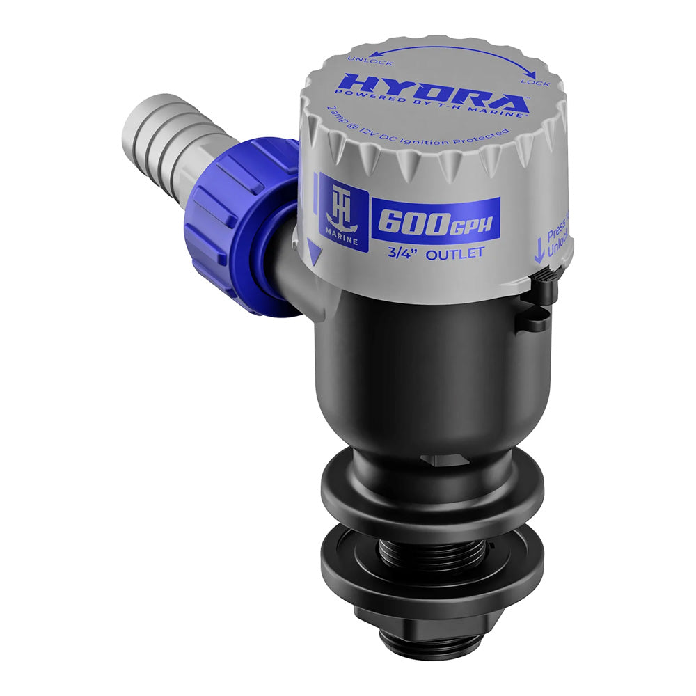 T-H Marine HYDRA Livewell Pump, 600 GPH, 12V bilge pump with short nozzle for marine livewell and bilge water management.