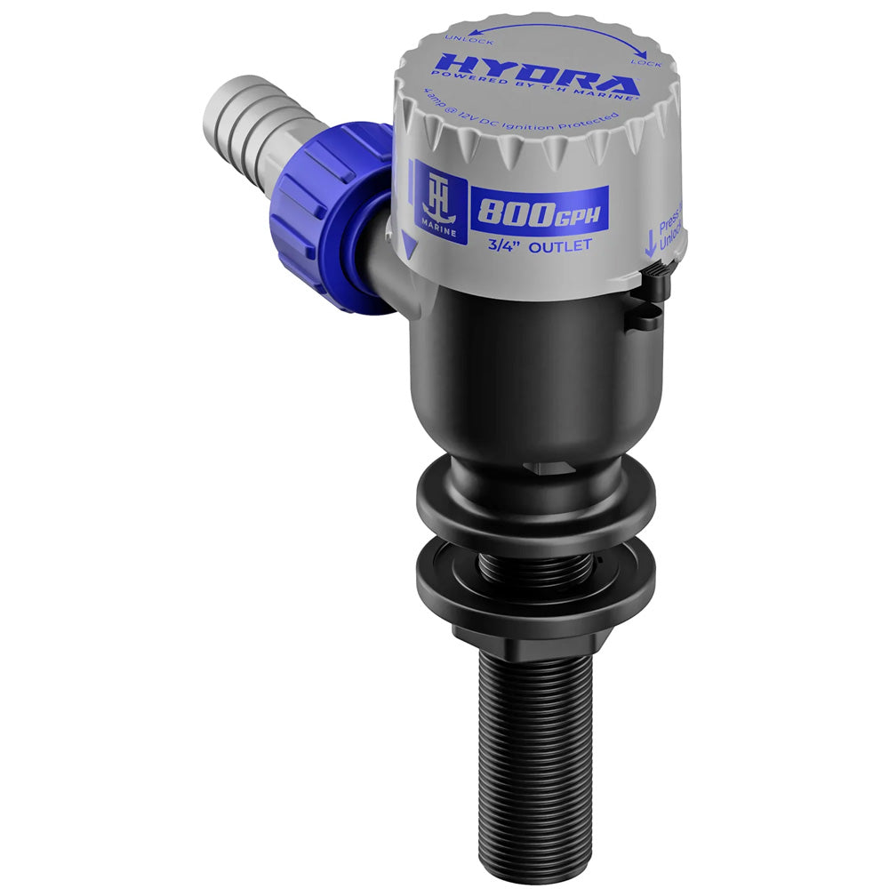 T-H Marine HYDRA Livewell Pump 800 GPH 12V with long nozzle, marine bilge pump for livewells and water management.