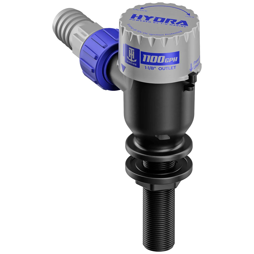 T-H Marine HYDRA Livewell Pump, 1100 GPH, 12V bilge pump with long nozzle for marine livewell or bilge water management.