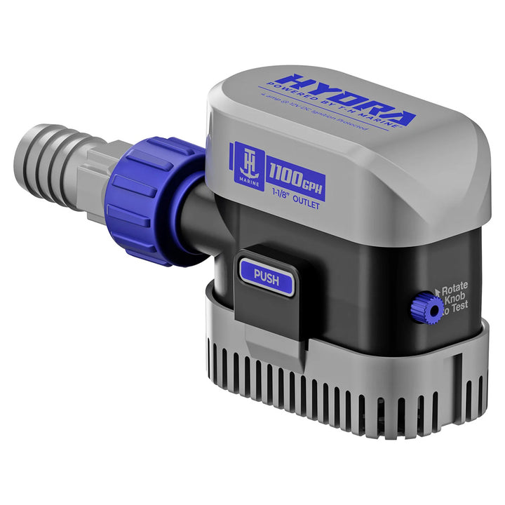 T-H Marine HYDRA automatic bilge pump showing 12V electrical connections and compact design for marine bilge pumping.