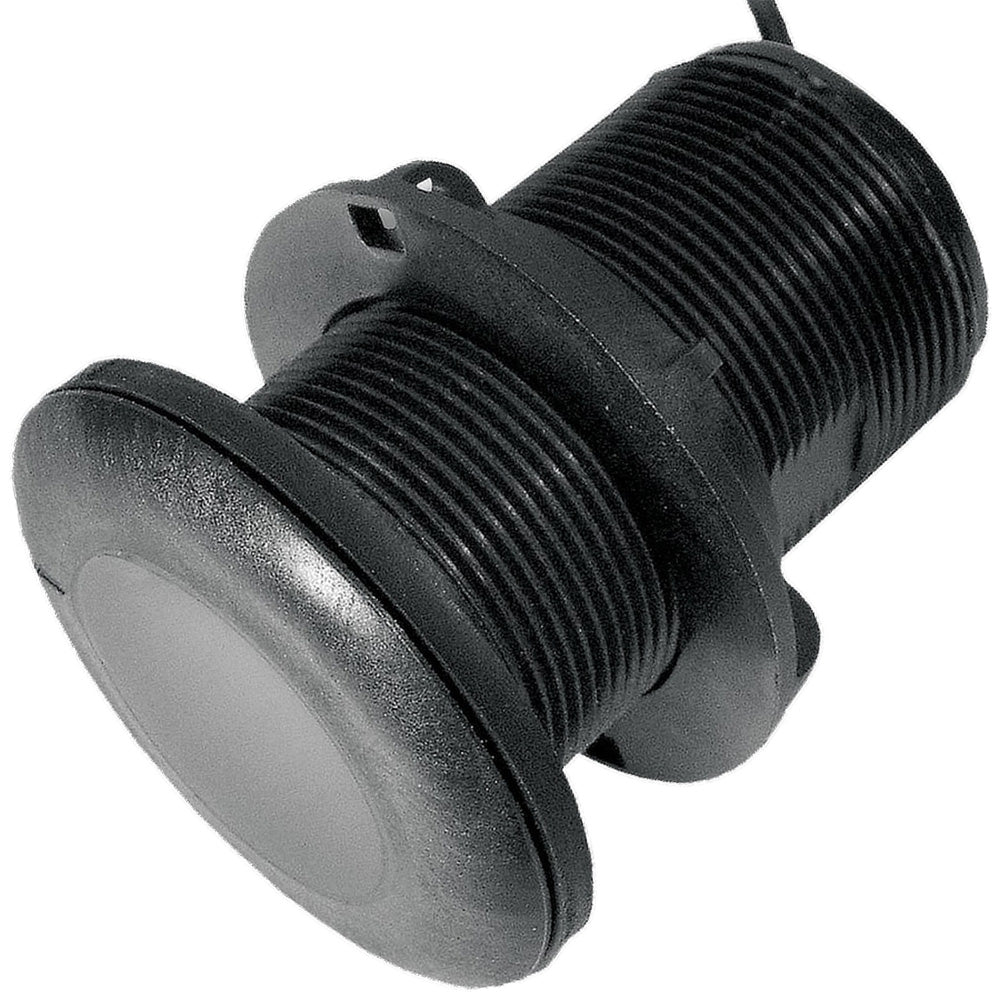 Airmar P319 plastic thru-hull depth and temperature transducer with 600W, 50/200kHz, installed on a boat hull.