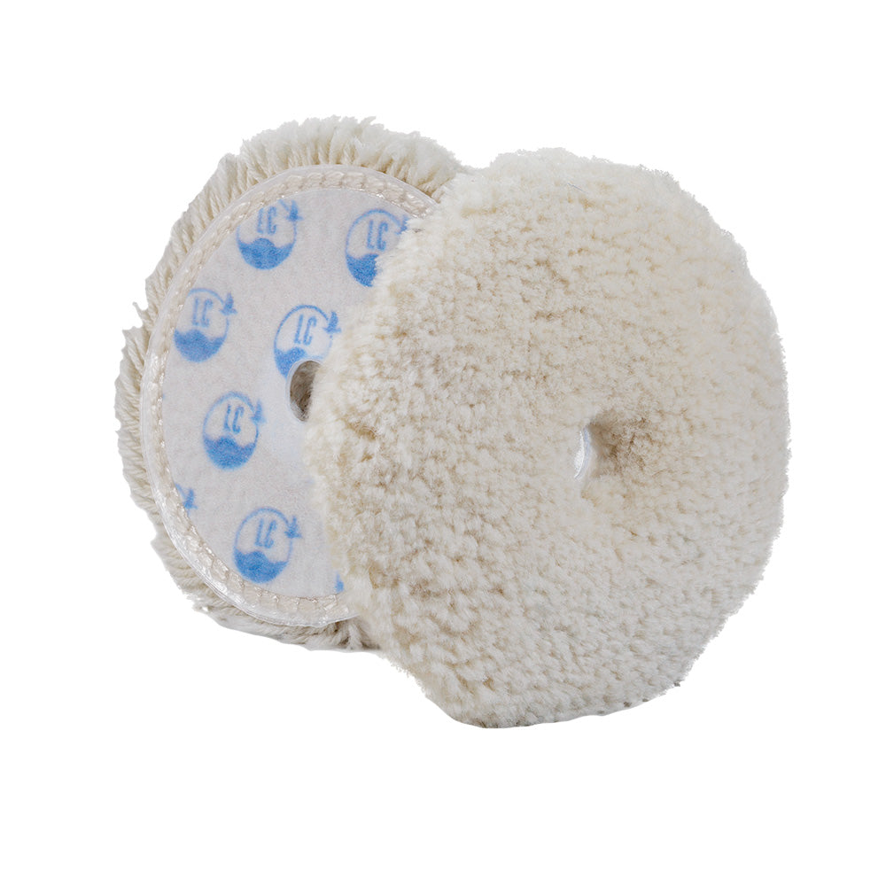 Lake Country Marine Wool Cutting Flat Pad in white, 6x1 inches, used for cleaning and polishing marine surfaces.