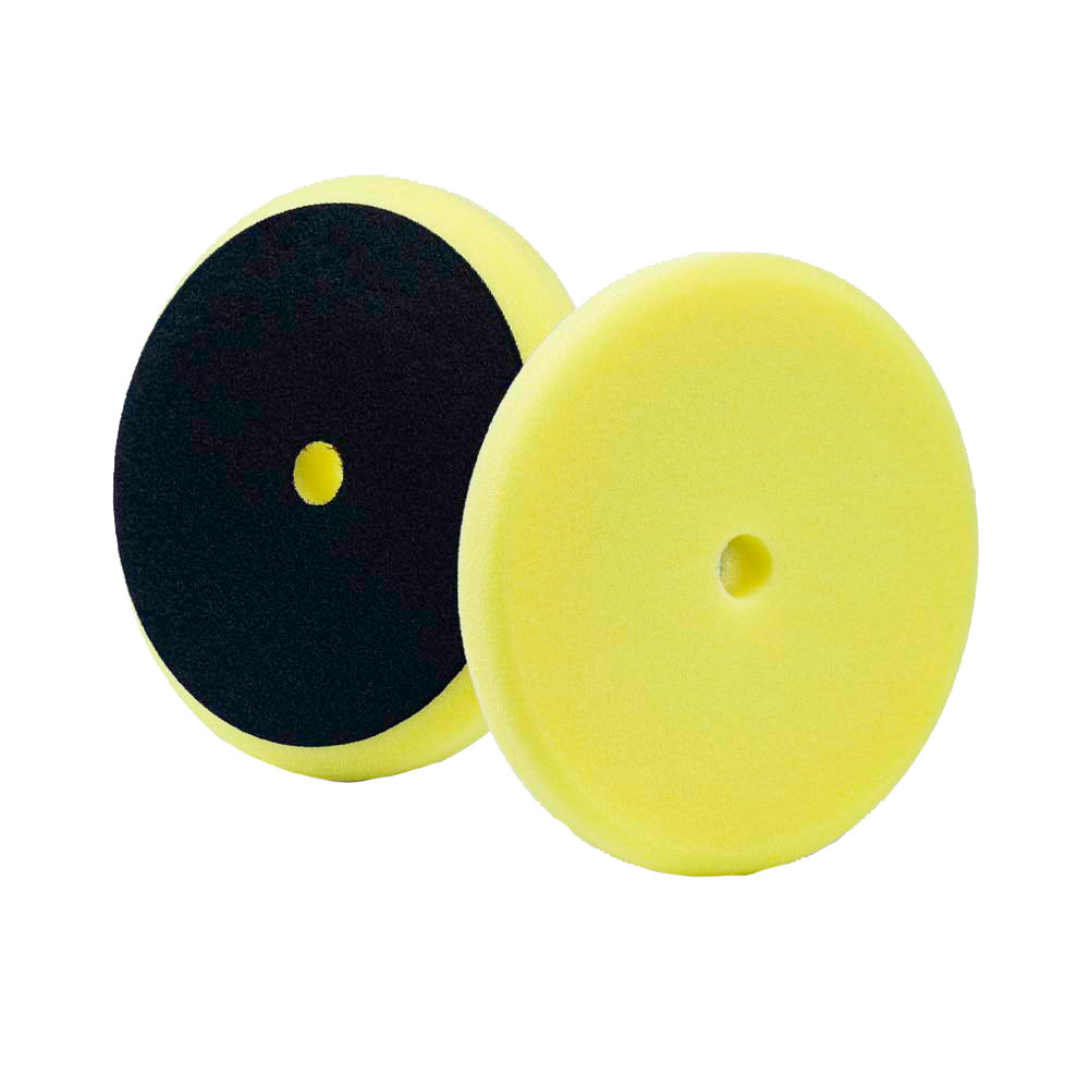 Lake Country yellow foam cutting pad, 8-inch by 1.25-inch, used for car cleaning and polishing.