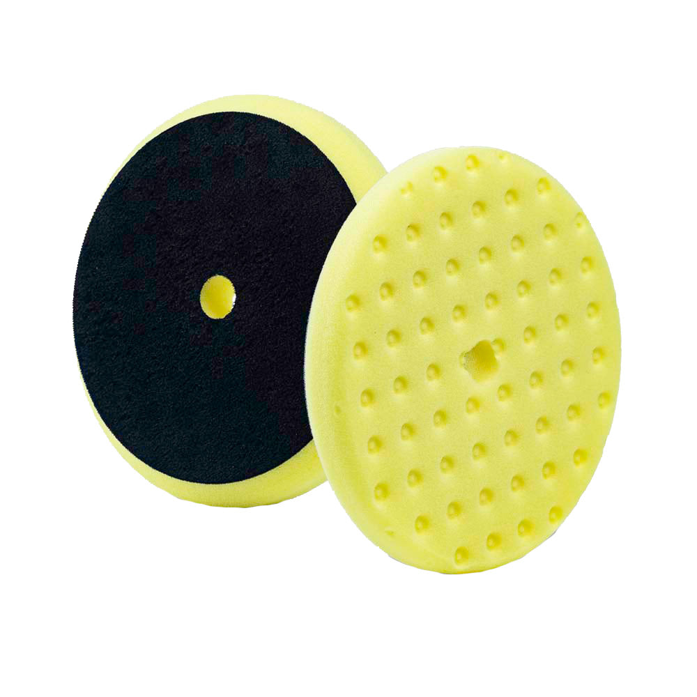 Lake Country yellow foam cutting pad with CCS technology, 8-inch diameter, for car cleaning and polishing.
