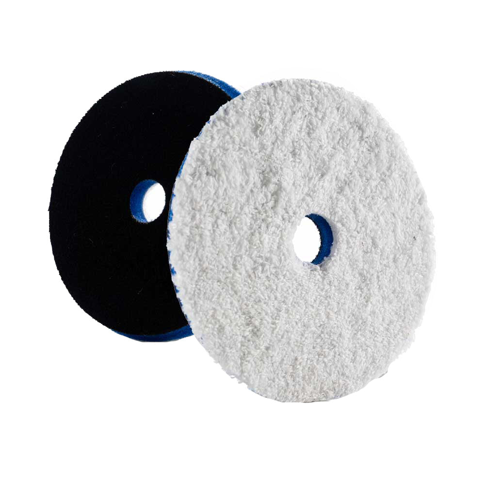 Lake Country HDO heavy cutting microfiber pad in blue foam with white microfiber, designed for car cleaning and polishing.