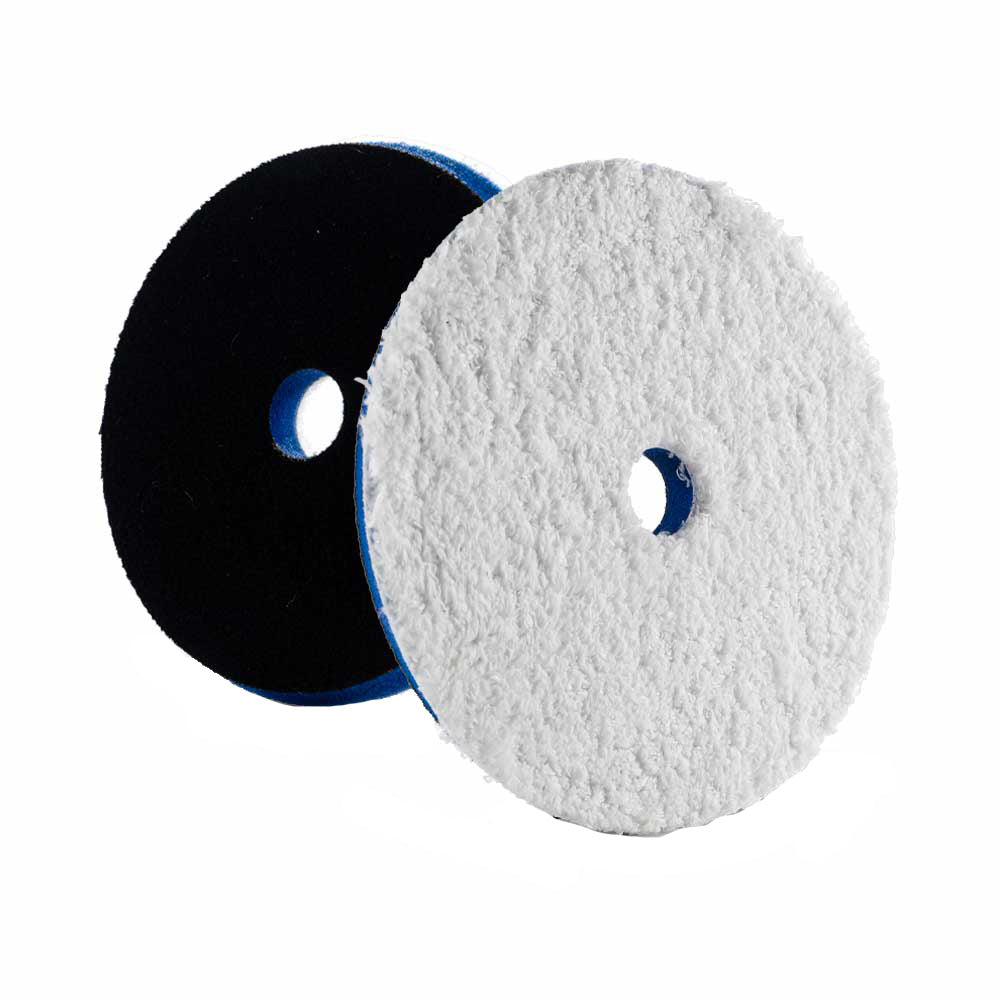Lake Country HDO heavy cutting microfiber polishing pad in blue foam with white microfiber for cleaning and surface polishing.