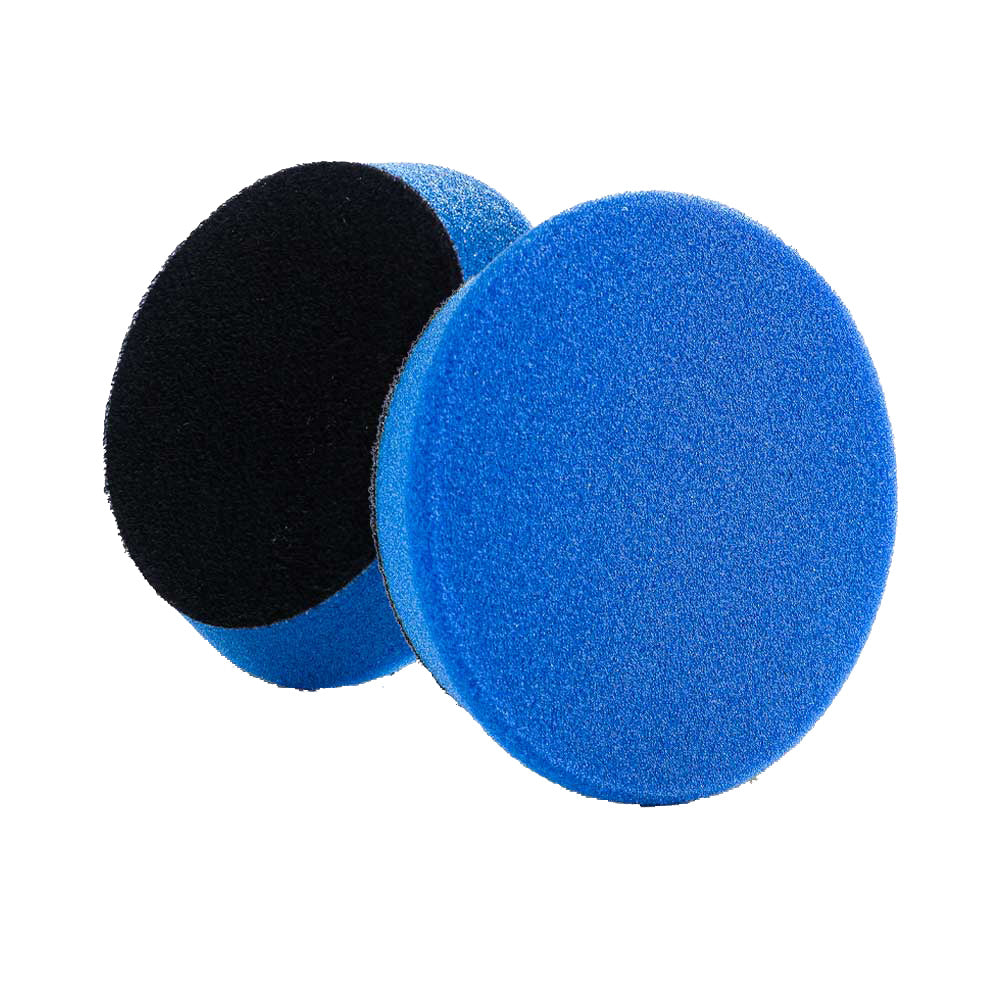 Lake Country SDO Blue Heavy Polishing Pads, 3.5-inch diameter with 7/8-inch backing, shown in a 2-pack for car detailing.