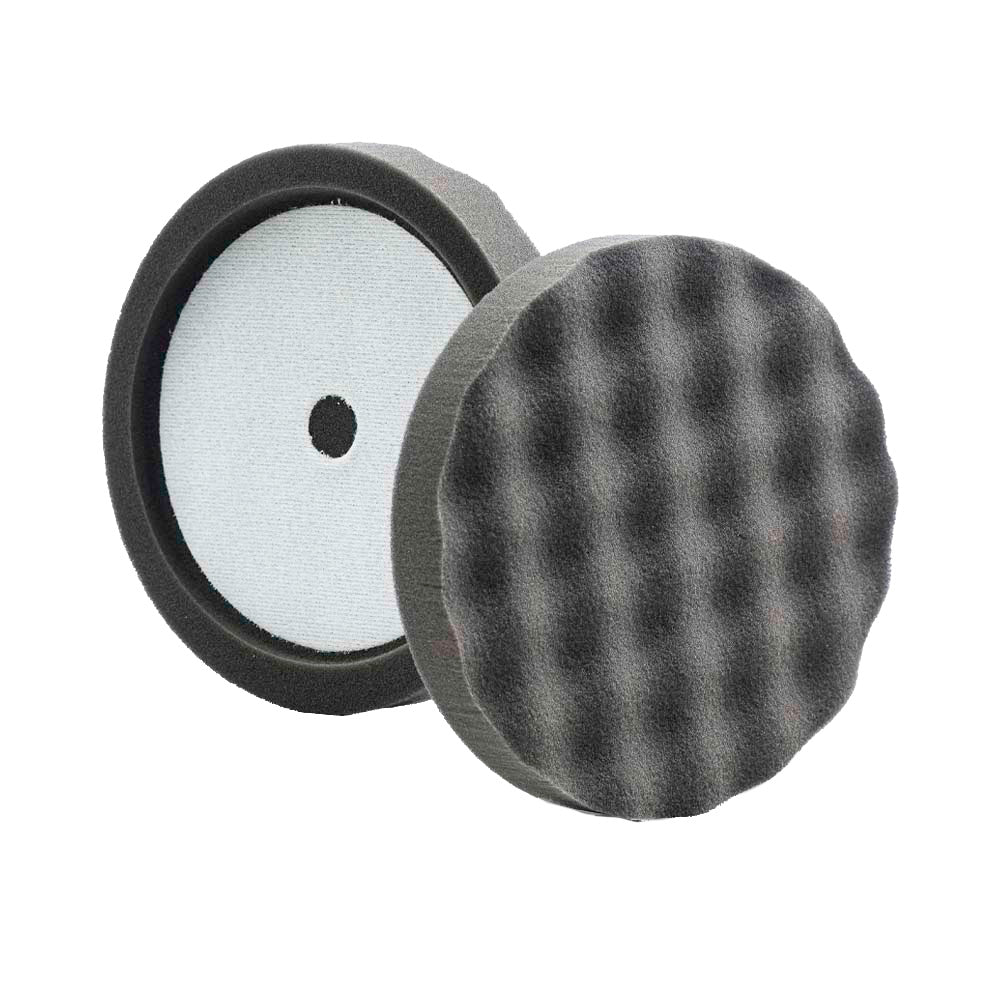 Lake Country Black Finishing Waffle Pro Recessed Pad, 8-inch x 1.5-inch, used for car cleaning and polishing.