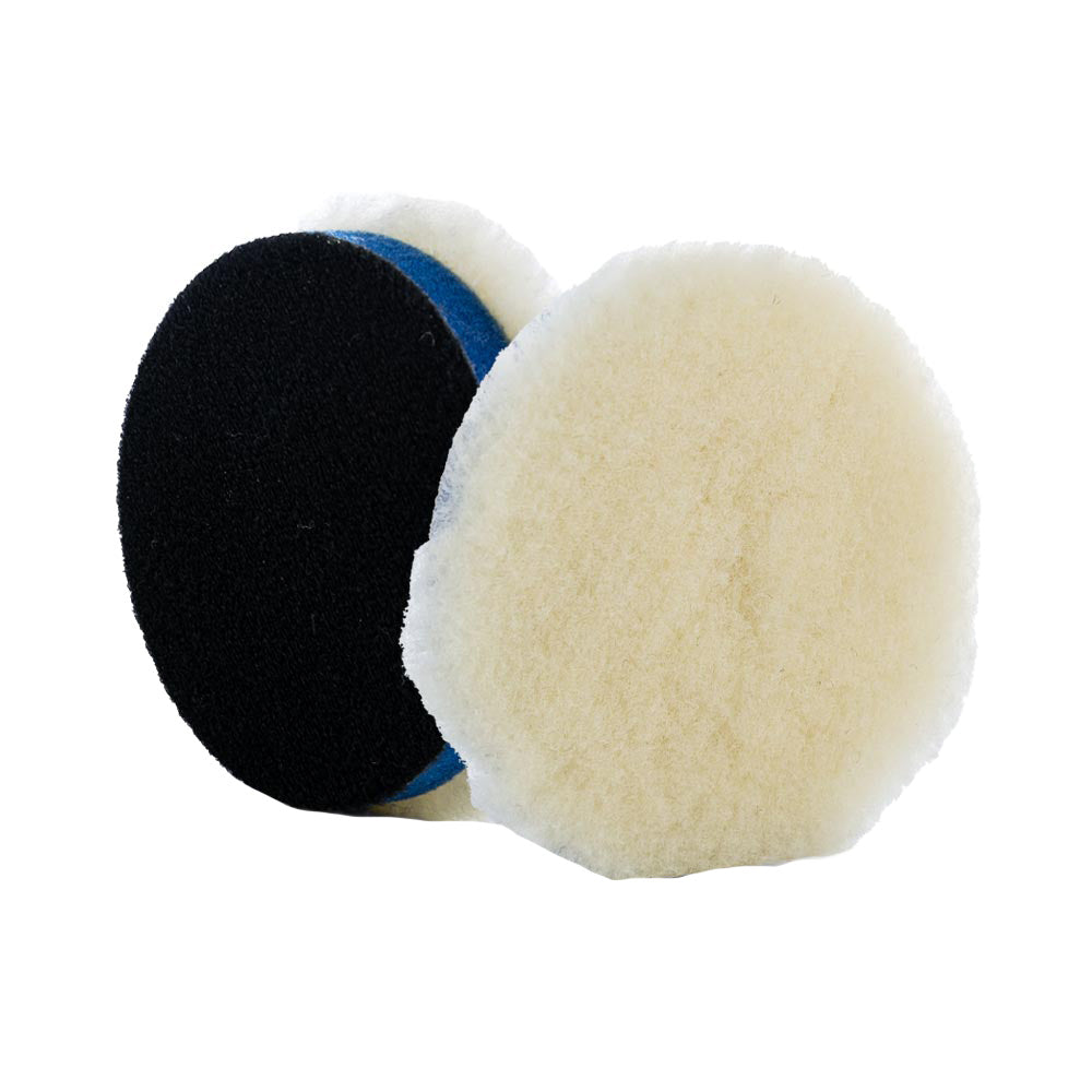 Lake Country prewashed low lint knitted lambswool cleaning pad, 3.25 inches by 7/8 inch, used for polishing and detailing.