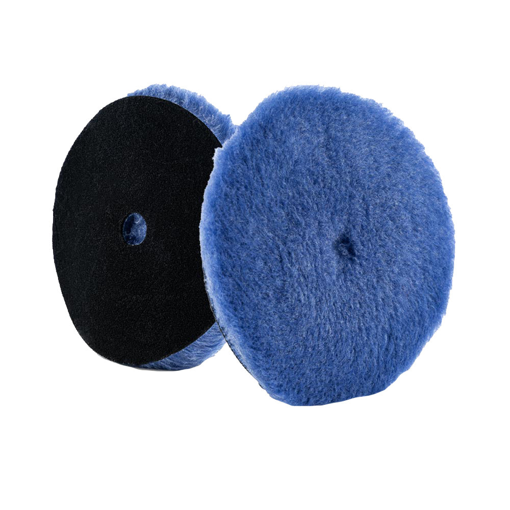 Lake Country Blue Hybrid Wool polishing pad with center hole, 7.5-inch size, used for car cleaning and detailing.