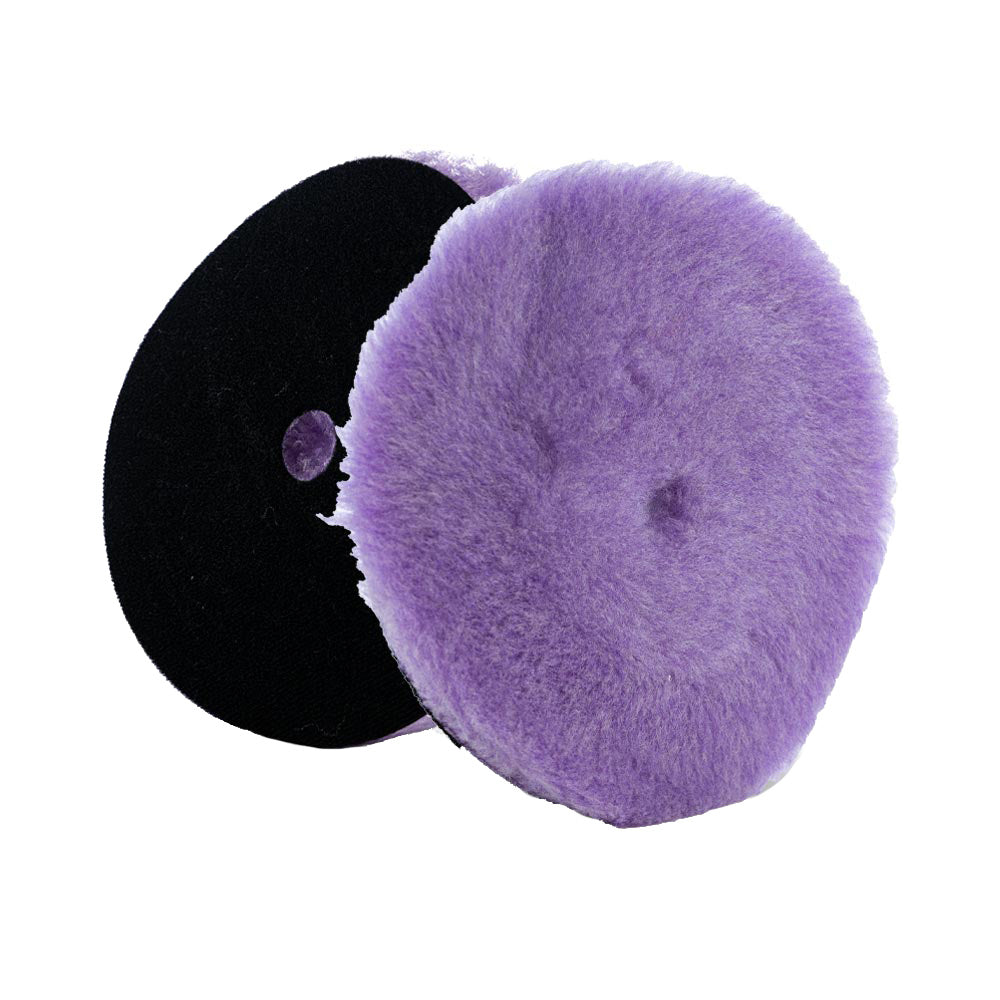 Lake Country Purple Foamed Wool Buffing Pad with center hole, 7.5-inch size, ideal for polishing and cleaning automotive surfaces.