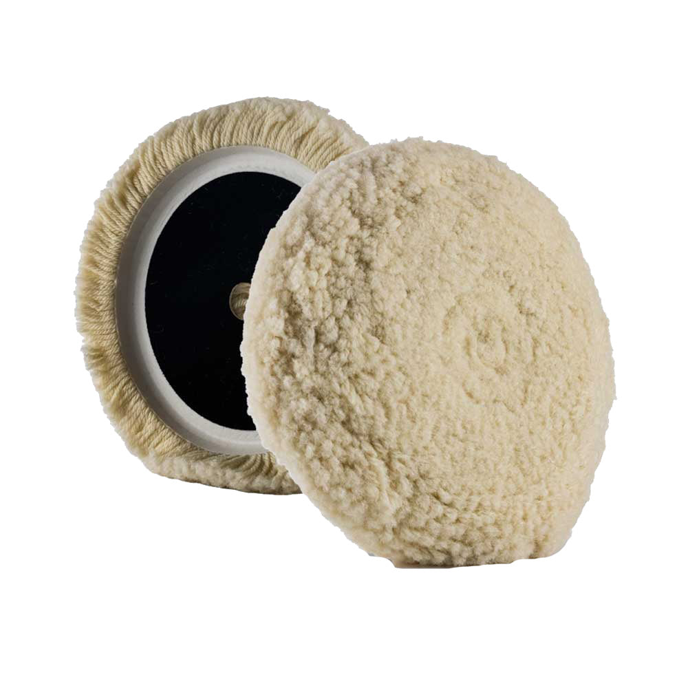 Lake Country curved edge cleaning wool pad, 7.5 inches by 1.5 inches, made of 100% steamed twisted wool for automotive polishing.