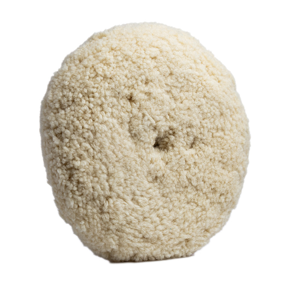 Lake Country White Twisted 100% Wool Pad for cleaning, 8-inch size with quick disconnect fitting.