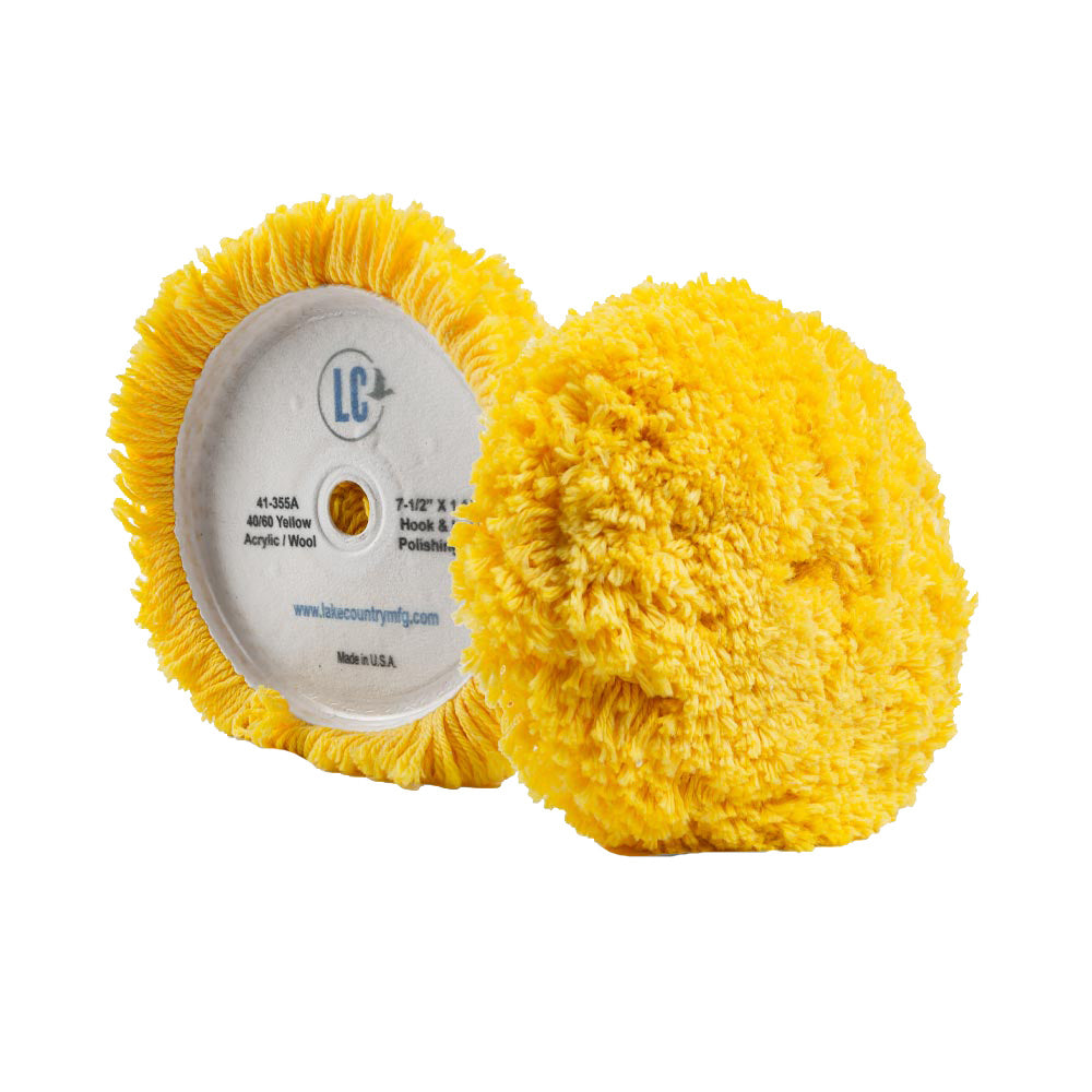 Lake Country yellow 40/60 unsteamed twisted wool and acrylic cleaning pad, 7.5-inch by 1.5-inch for car detailing.