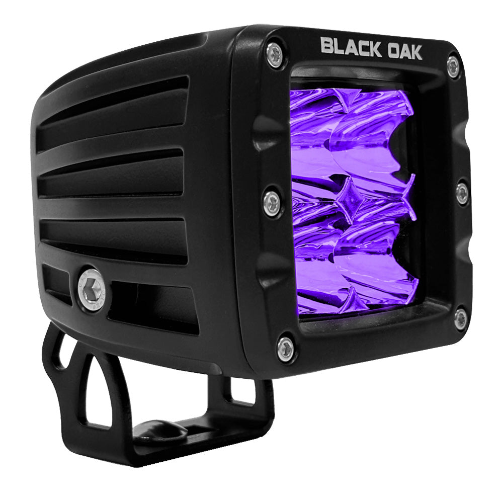 Black Oak 2-inch ultraviolet LED pod light with flood optics, Pro Series 3.0, 12W, showcasing the compact, durable design.