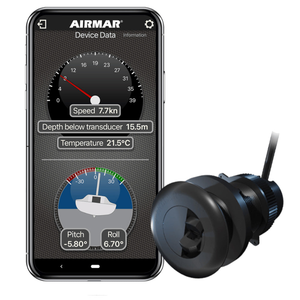Airmar DST820-PV-N2 PSTI plastic thru-hull transducer with Bluetooth, showing the 235kHz transducer in a boat installation setting.