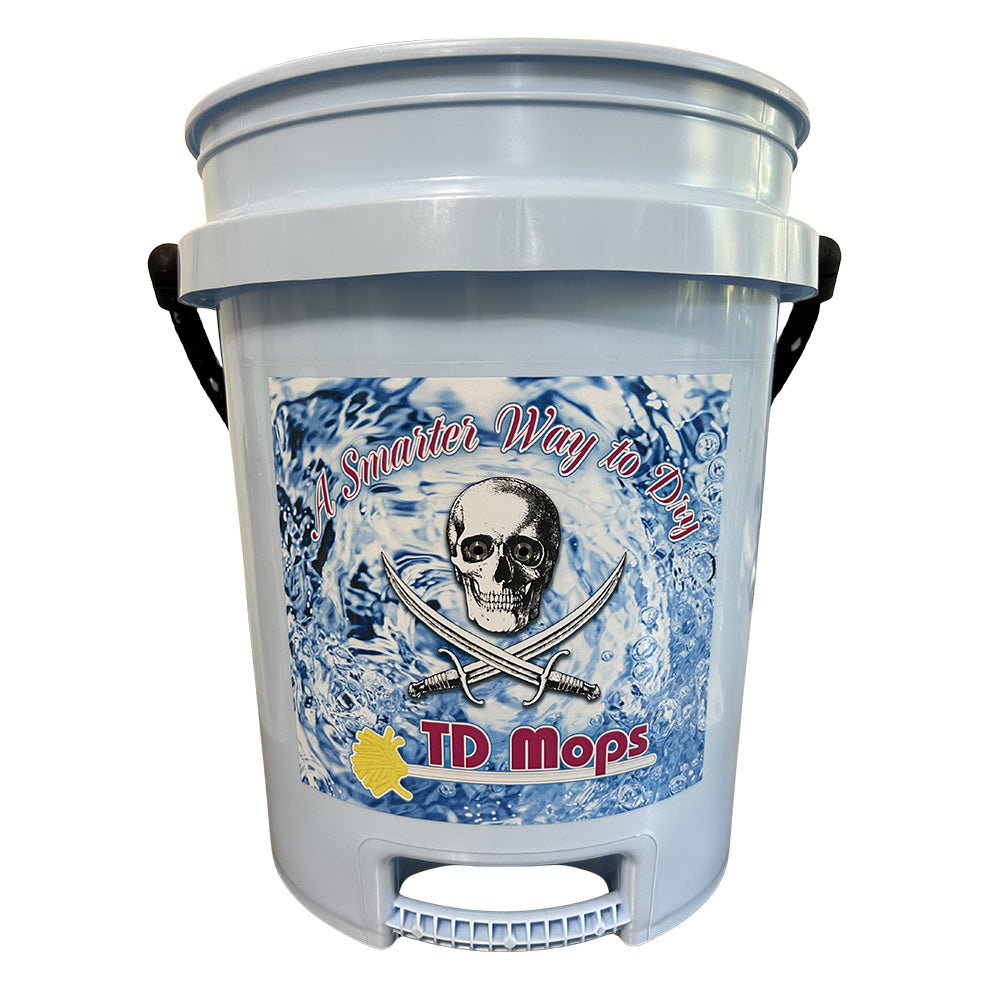 Light blue TD Mop TD Grip bucket with 5-gallon capacity for cleaning, featuring sturdy handles and durable plastic construction.
