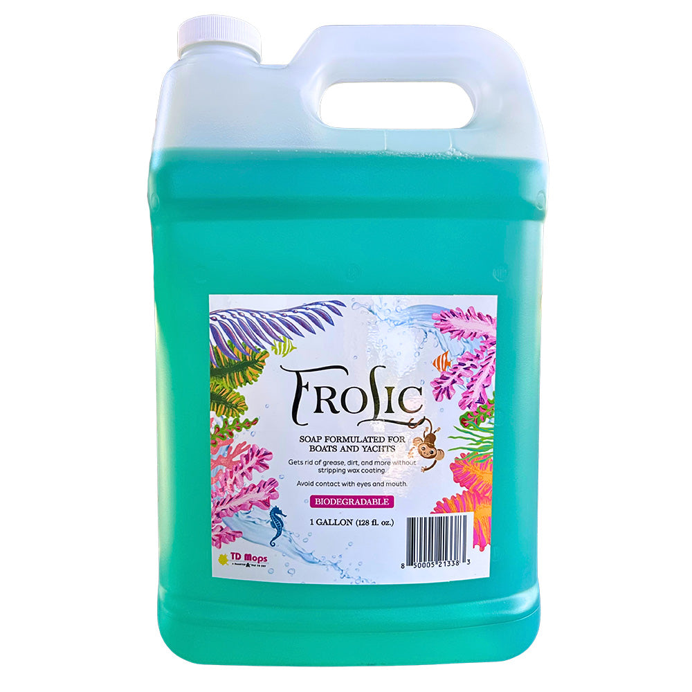 TD Mop Frolic Soap cleaning product in a gallon container, designed for effective floor and surface cleaning.