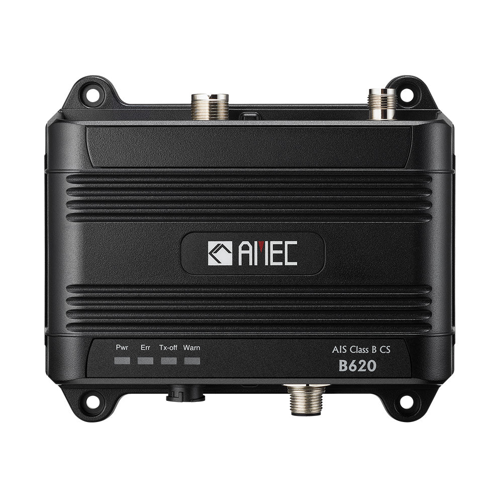 AMEC B620 Class B AIS transceiver with 2W CSTDMA, NMEA2000, NMEA 0183, and USB ports for marine vessel communication.