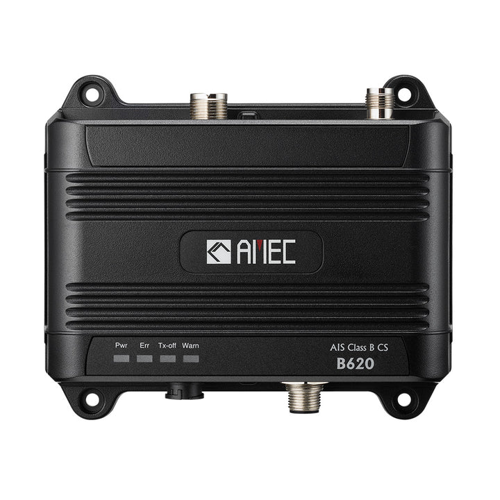 AMEC B620 Class B AIS transceiver with 2W CSTDMA, NMEA2000, NMEA 0183, and USB ports for marine vessel communication.