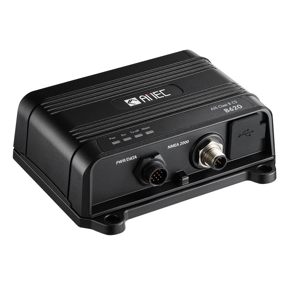 AMEC B620 Class B AIS transceiver with 2W CSTDMA, NMEA2000, NMEA 0183, and USB connectivity for marine vessel tracking.