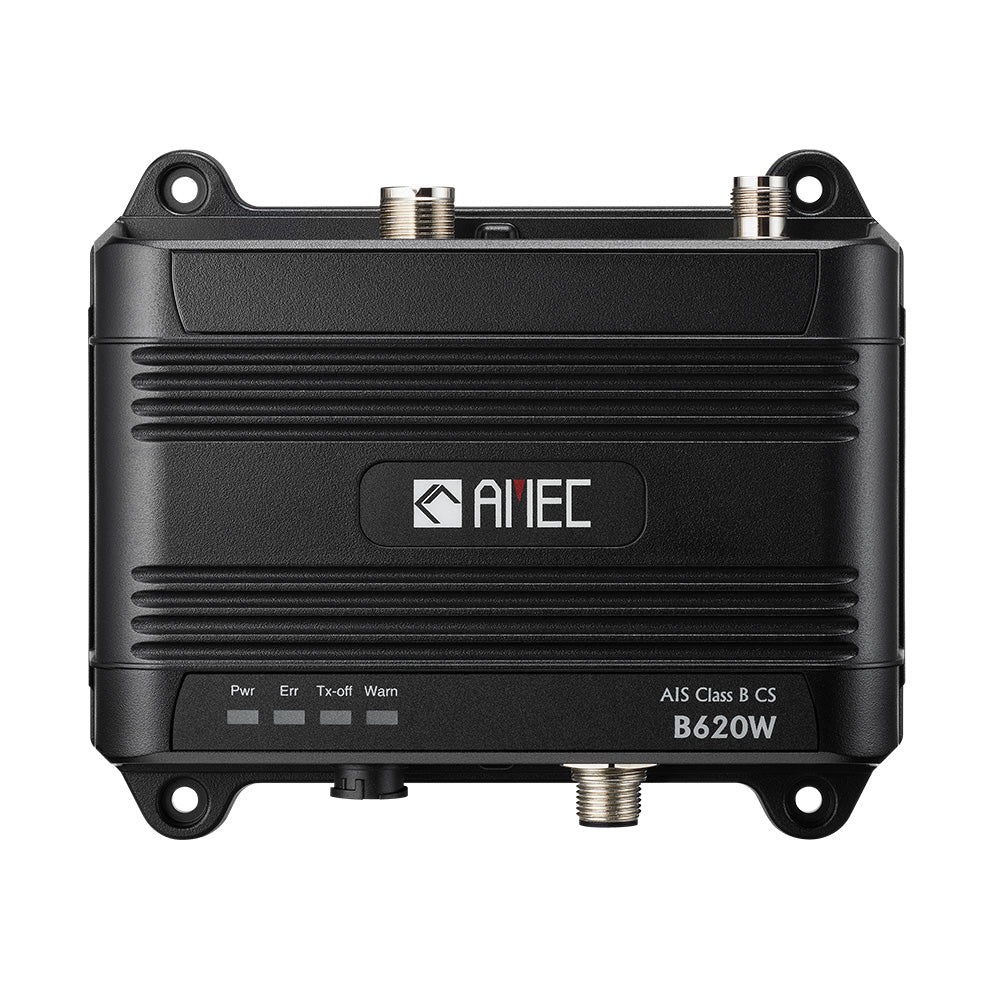 AMEC B620W Class B AIS transceiver with Wi-Fi, 2W CSTDMA, NMEA2000, NMEA 0183, and USB ports, for marine vessel tracking.