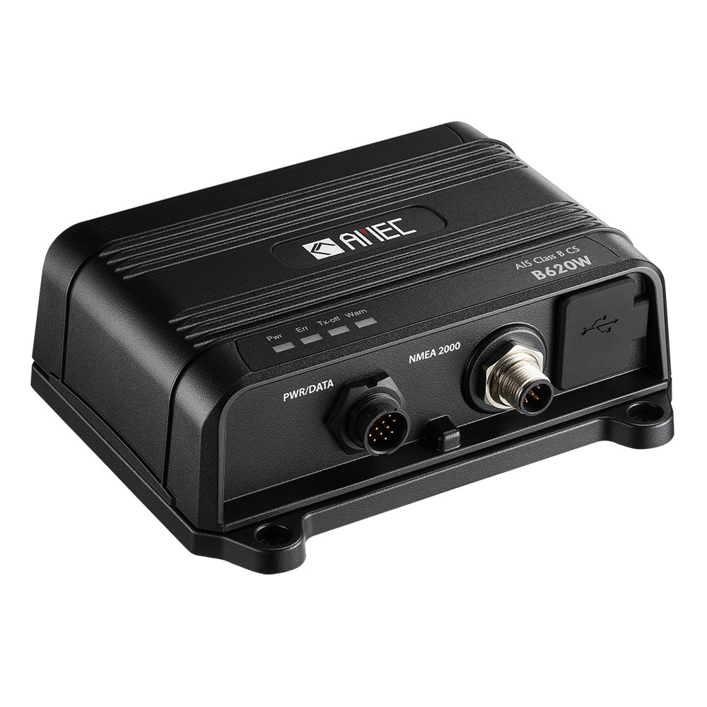 AMEC B620W Class B AIS transceiver with Wi-Fi, 2W output, CSTDMA, NMEA2000, NMEA 0183, and USB connectivity.