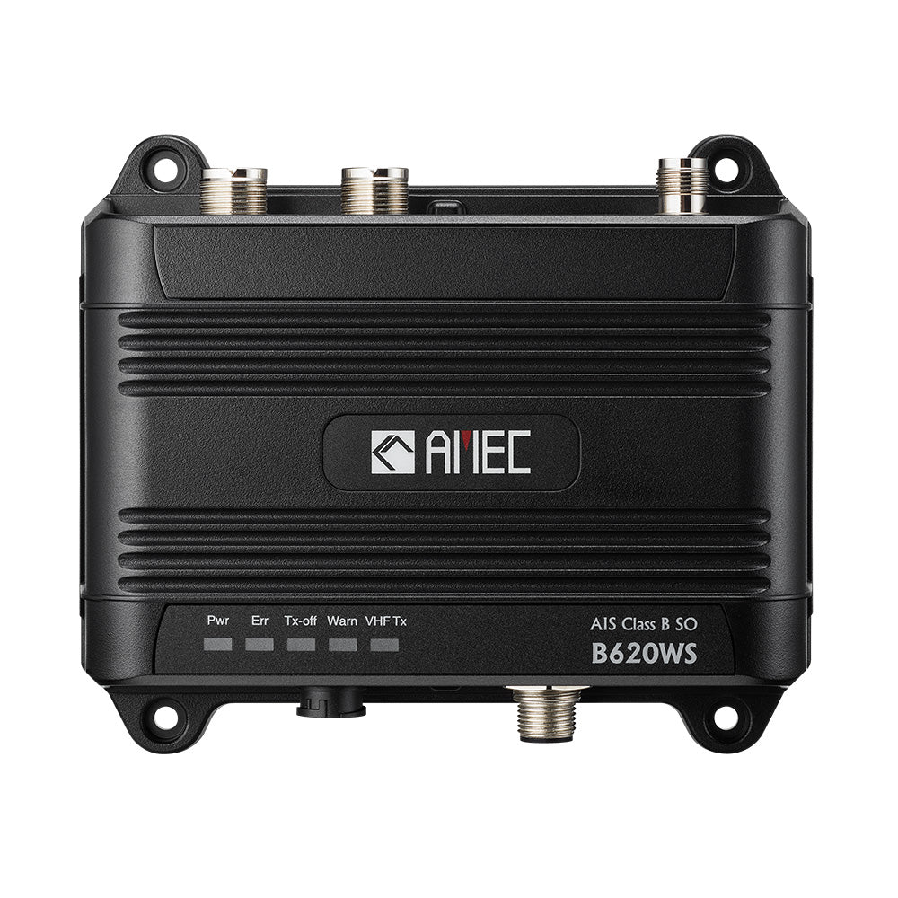 AMEC B620WS Class B AIS transceiver with Wi-Fi, VHF splitter, 2W CSTDMA, NMEA2000, NMEA 0183, and USB ports.