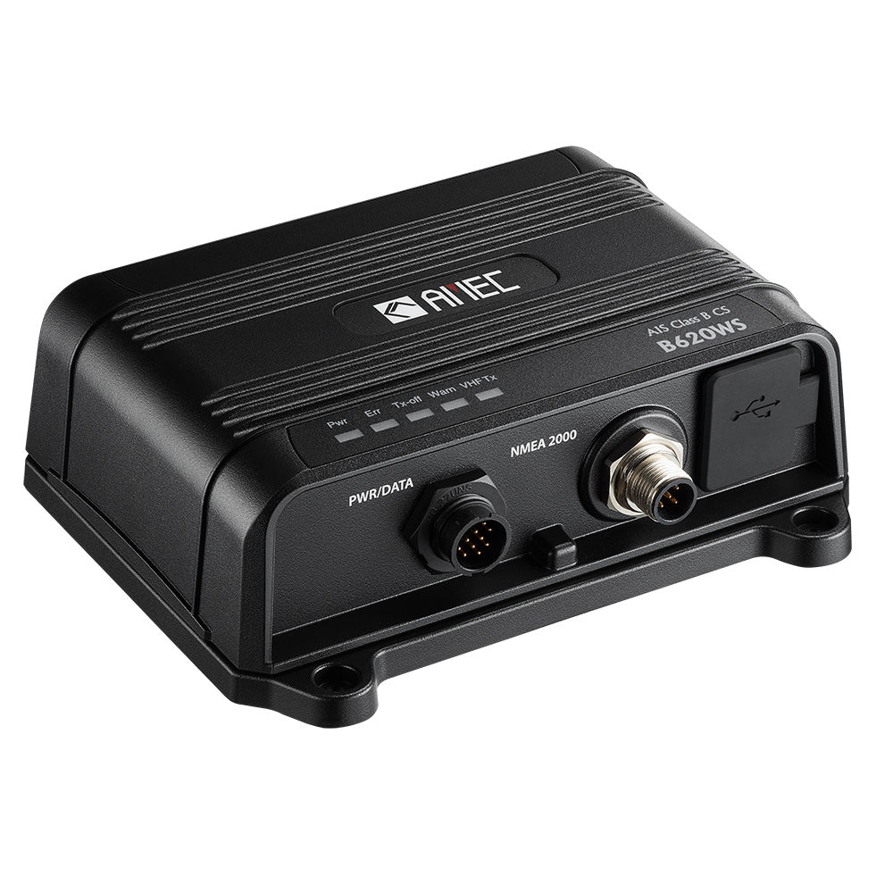 AMEC B620WS Class B AIS transceiver with Wi-Fi, VHF splitter, USB, NMEA 2000 and 0183 connections on a boat.