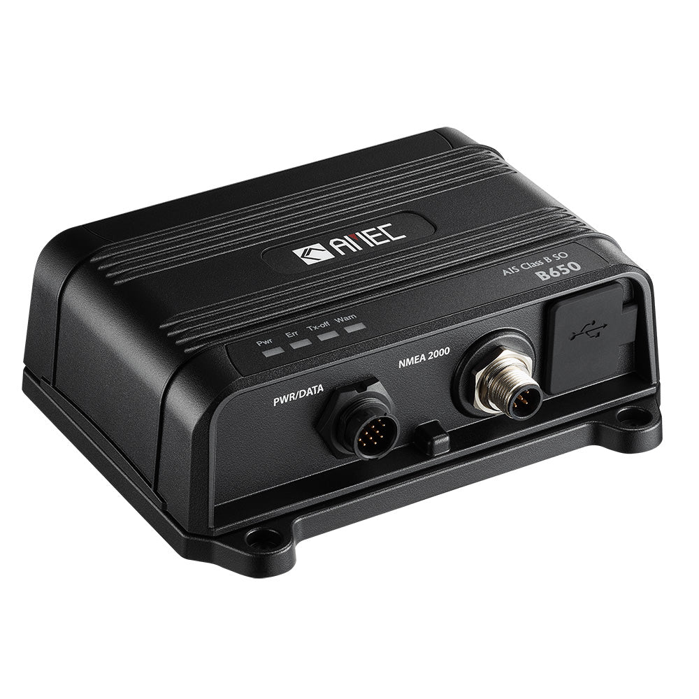 AMEC B650 Class B AIS transceiver with 5W SOTDMA, NMEA 2000, NMEA 0183, and USB ports for marine vessel communication.