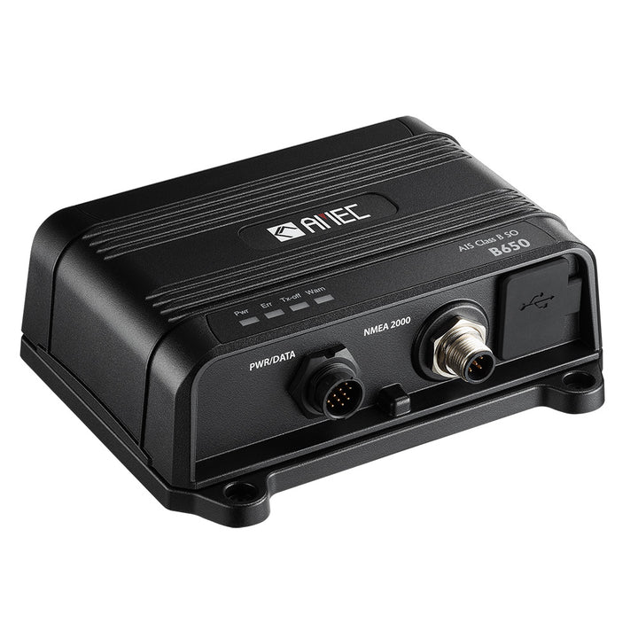 AMEC B650 Class B AIS transceiver with 5W SOTDMA, NMEA 2000, NMEA 0183, and USB ports for marine vessel communication.