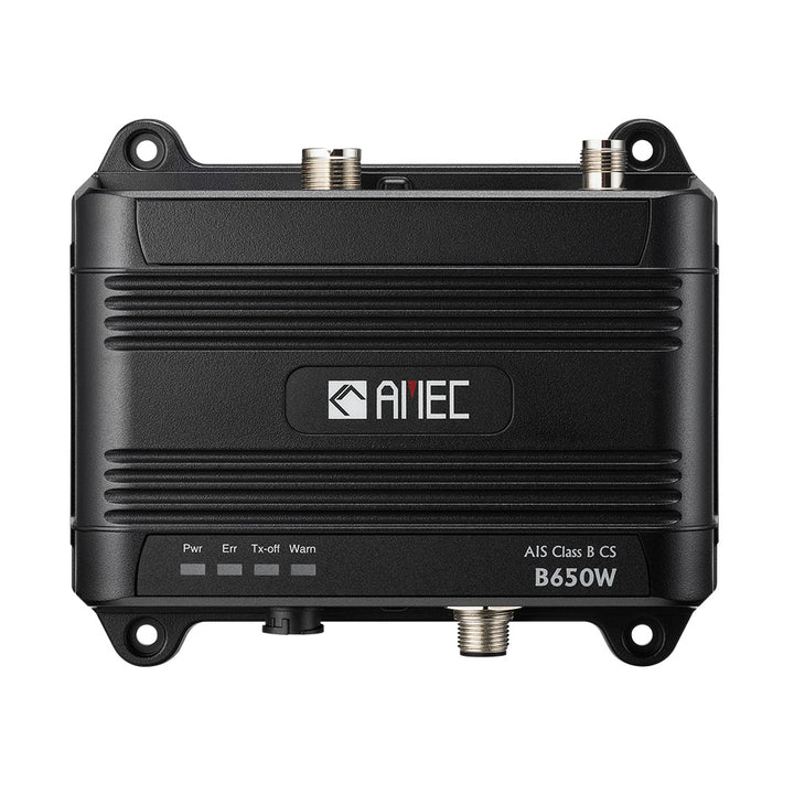 AMEC B650W Class B AIS transceiver with Wi-Fi, 5W SOTDMA, NMEA 2000, NMEA 0183, and USB ports on a marine display.