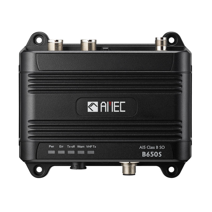 AMEC B650S Class B AIS transceiver with VHF antenna splitter, 5W-SOTDMA, NMEA 2000, NMEA 0183, and USB ports.