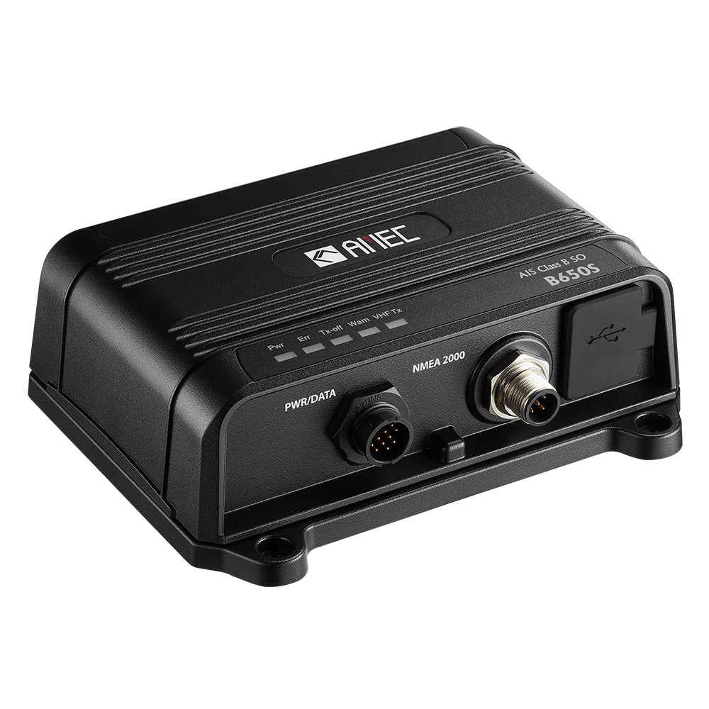 AMEC B650S Class B AIS transceiver with VHF antenna splitter, 5W-SOTDMA, NMEA 2000, NMEA 0183, and USB ports.