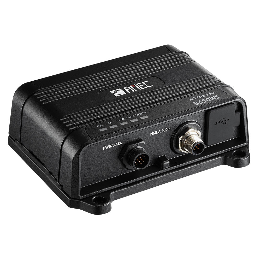 AMEC B650WS Class B AIS transceiver with Wi-Fi, VHF antenna splitter, 5W-SOTDMA, NMEA 2000, NMEA 0183, and USB ports.