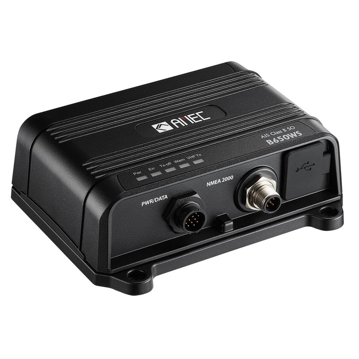 AMEC B650WS Class B AIS transceiver with Wi-Fi, VHF antenna splitter, 5W-SOTDMA, NMEA 2000, NMEA 0183, and USB ports.