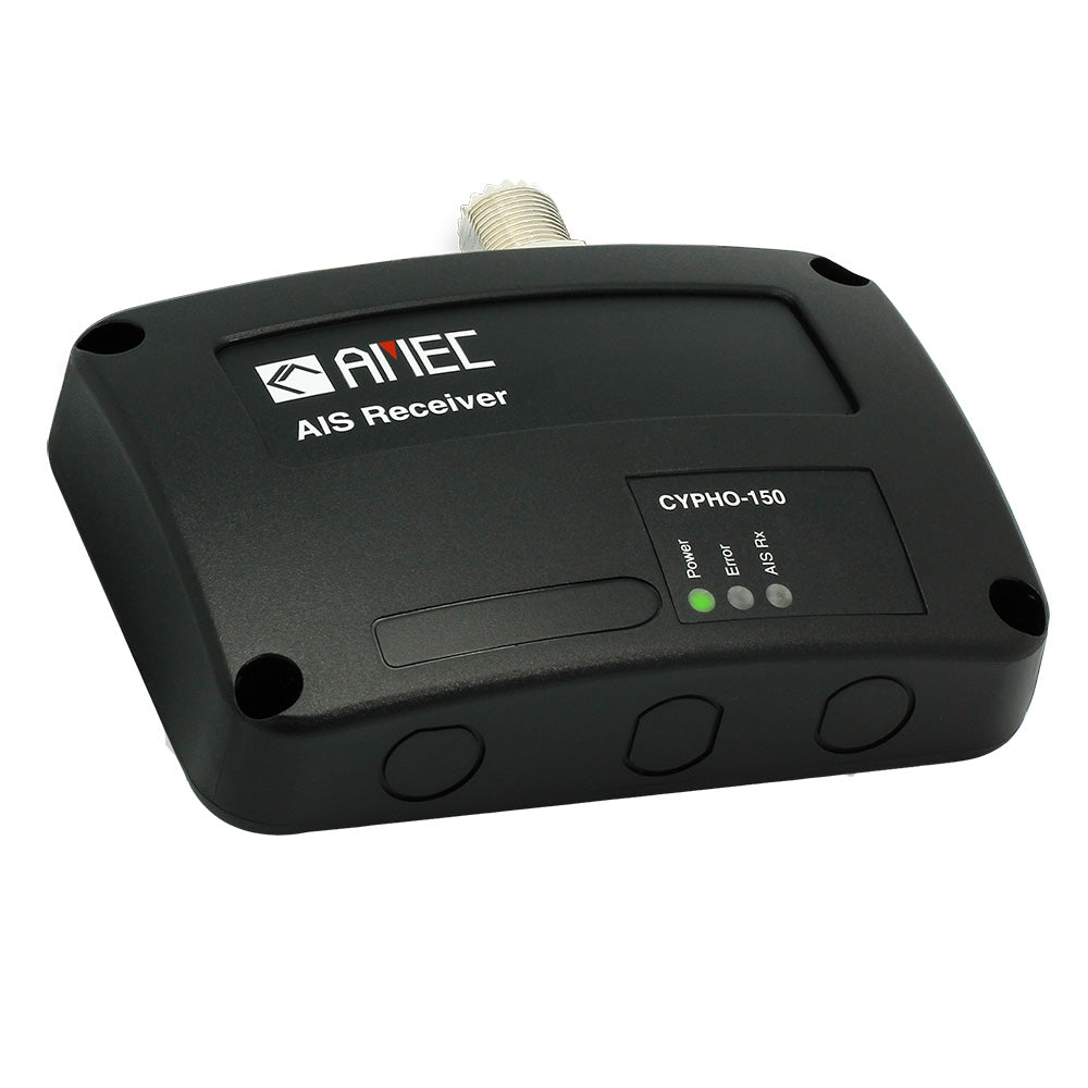 AMeC CYPHO-150 AIS receiver device used in marine AIS systems, featuring display screen and control buttons.
