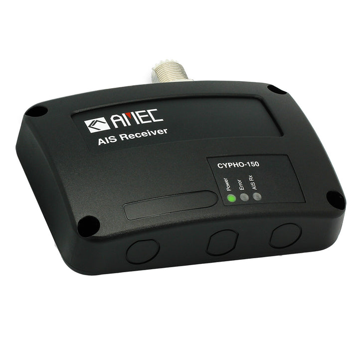 AMeC CYPHO-150 AIS receiver device used in marine AIS systems, featuring display screen and control buttons.