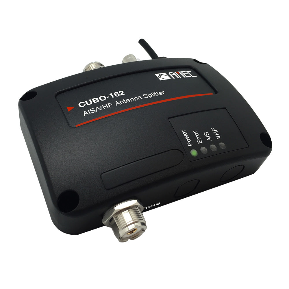 AMEC CUBO-162 VHF antenna splitter for network cables, showing the compact device with ports and connectors.