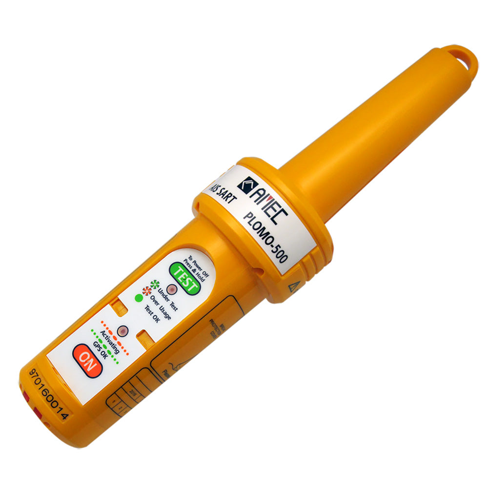AMEC PLOMO-500 AIS Search and Rescue Transponder displaying its control panel and antenna for maritime safety.