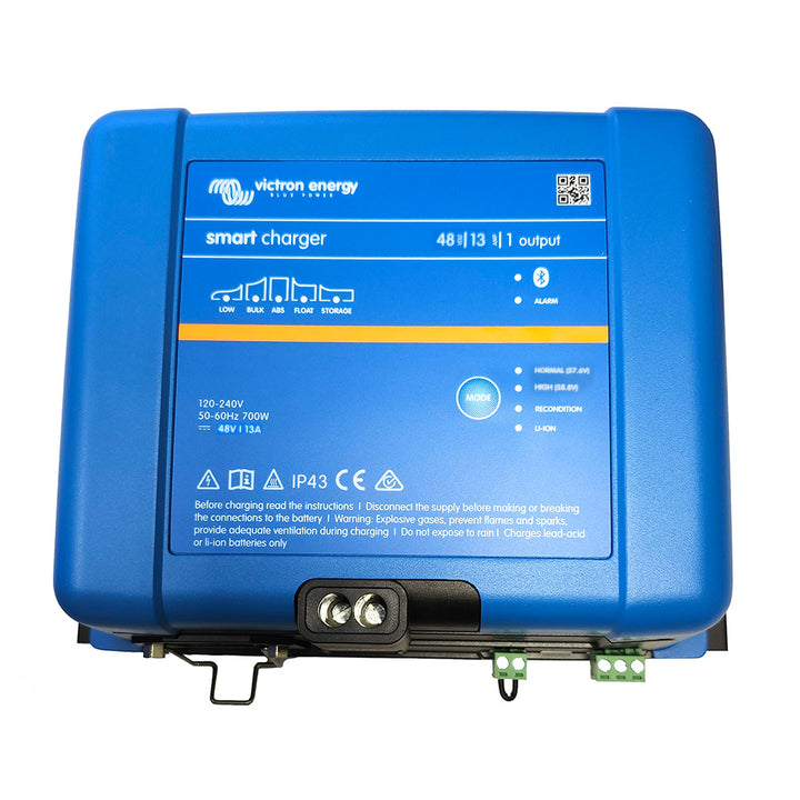 Victron Energy Smart IP43 48V battery charger with 13A current, compatible with 120-240V power supply, for reliable charging.