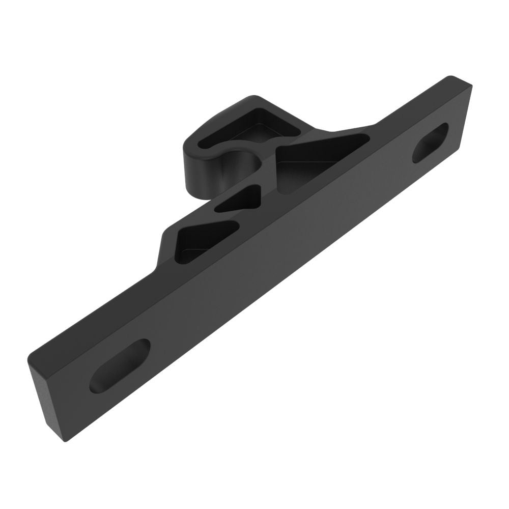 Southco push-to-close latch keeper in black plastic with rivet and screw mounting, designed for secure fastening.