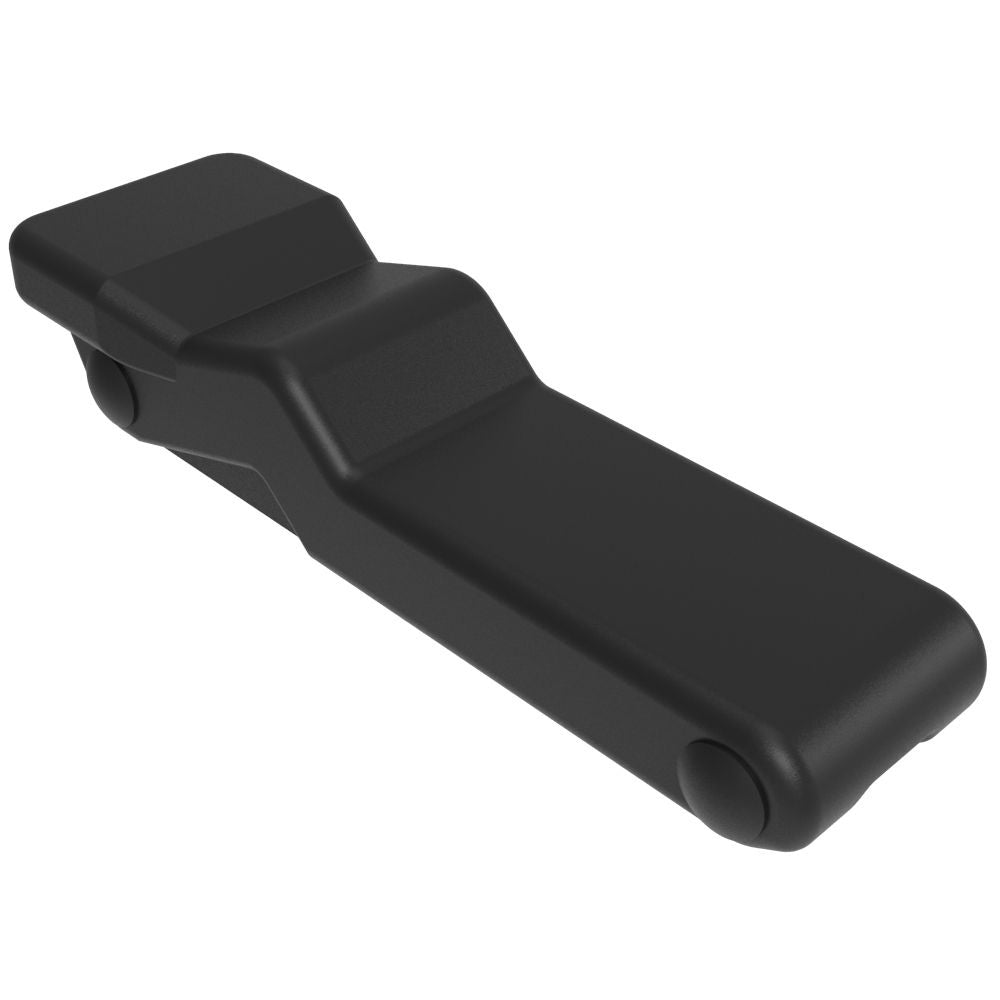 Southco large stainless steel over-center draw latch with black latch body and concealed keeper for secure fastening.