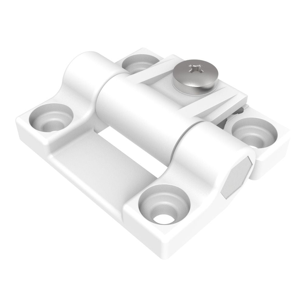Southco adjustable torque hinge in medium size, white acetal copolymer, symmetric design, showing the hinge mechanism and natural finish.