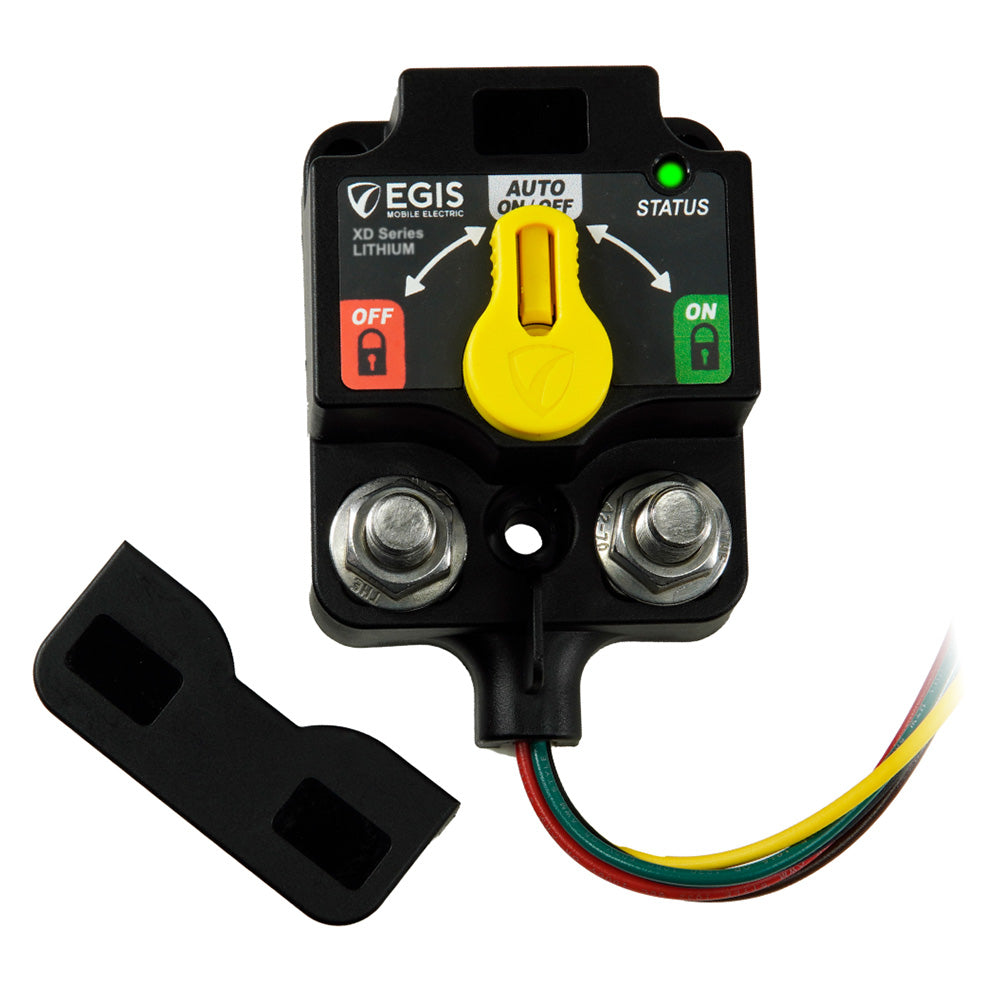 Egis Single Flex L VSR/Relay with knob and tinned wires, accessory for mobile electric systems, shown with wiring details.