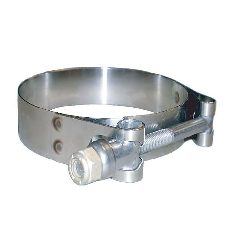 Trident Marine 3/4-inch stainless steel T-bolt clamp, marine-grade accessories for secure hose connections.