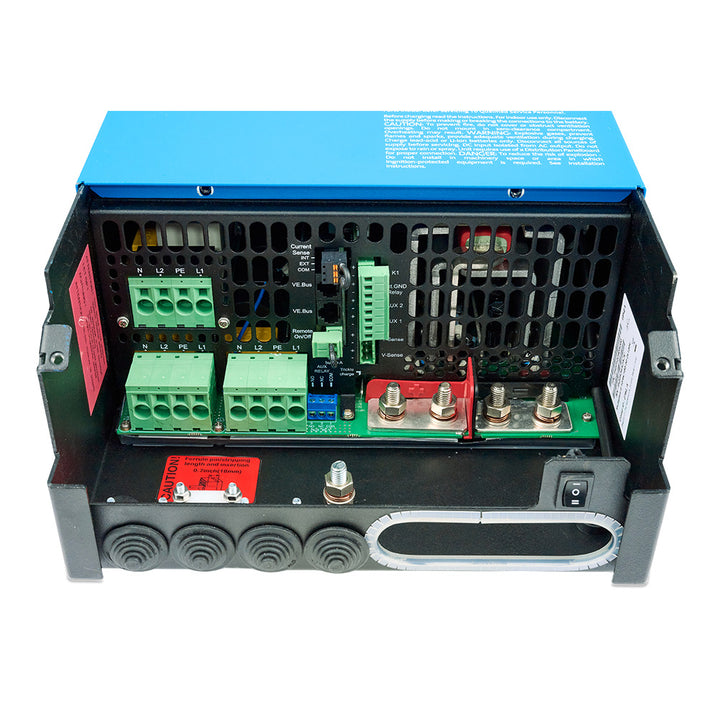 Victron Energy MultiPlus-II 12/4k inverter and charger combo, showing the front panel with display and connection ports.